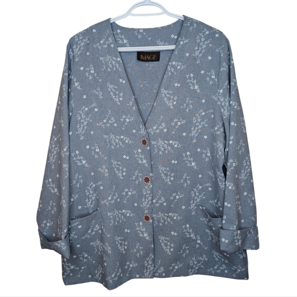 Vintage Image 18W Plus Light Blue Denim Style Floral Blazer Women